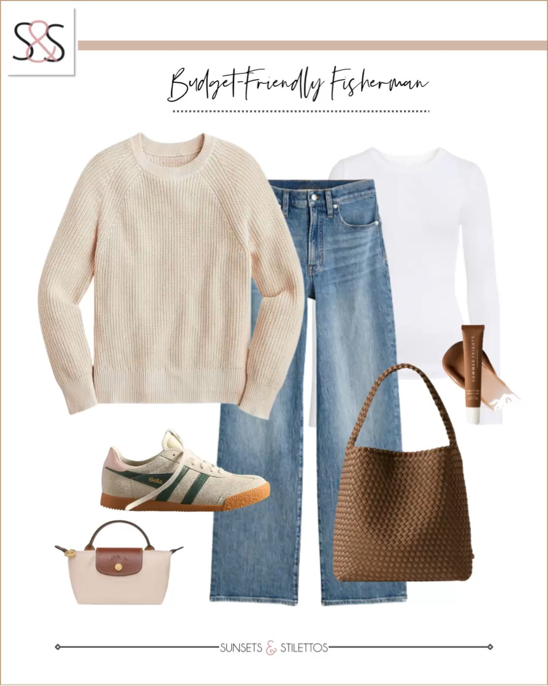 A cotton fisherman sweater with wide leg jeans is my go to look, especially for a casual work outfit! These goal sneakers are trending and add a great pop of color! 

Sunsets and Stilettos, workwear, neutral tote  

#LTKWorkwear #LTKOver40 #LTKFindsUnder50