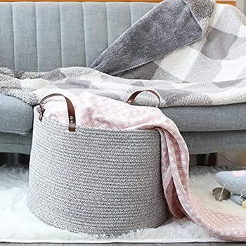 Basket Large Cotton Rope Blanket Baskets for Organizing, 20"X20"X13" Hombins Woven Hamper with Handl | Amazon (US)