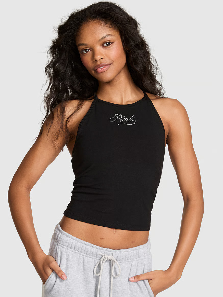 Buy All-Day Cotton High-Neck Bra Tank, Limited Edition Pure Black Shine Lurex Thread - Order Spor... | Victoria's Secret (US / CA )