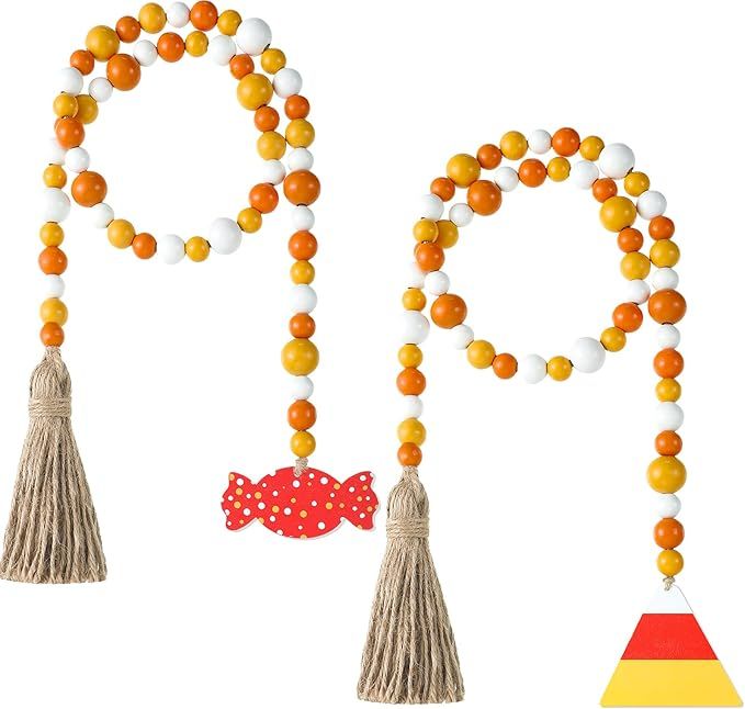 2 Pieces Halloween Wood Bead Garland Wooden Prayer Beads Garland Boho Bead Wall Hanging Decor wit... | Amazon (US)