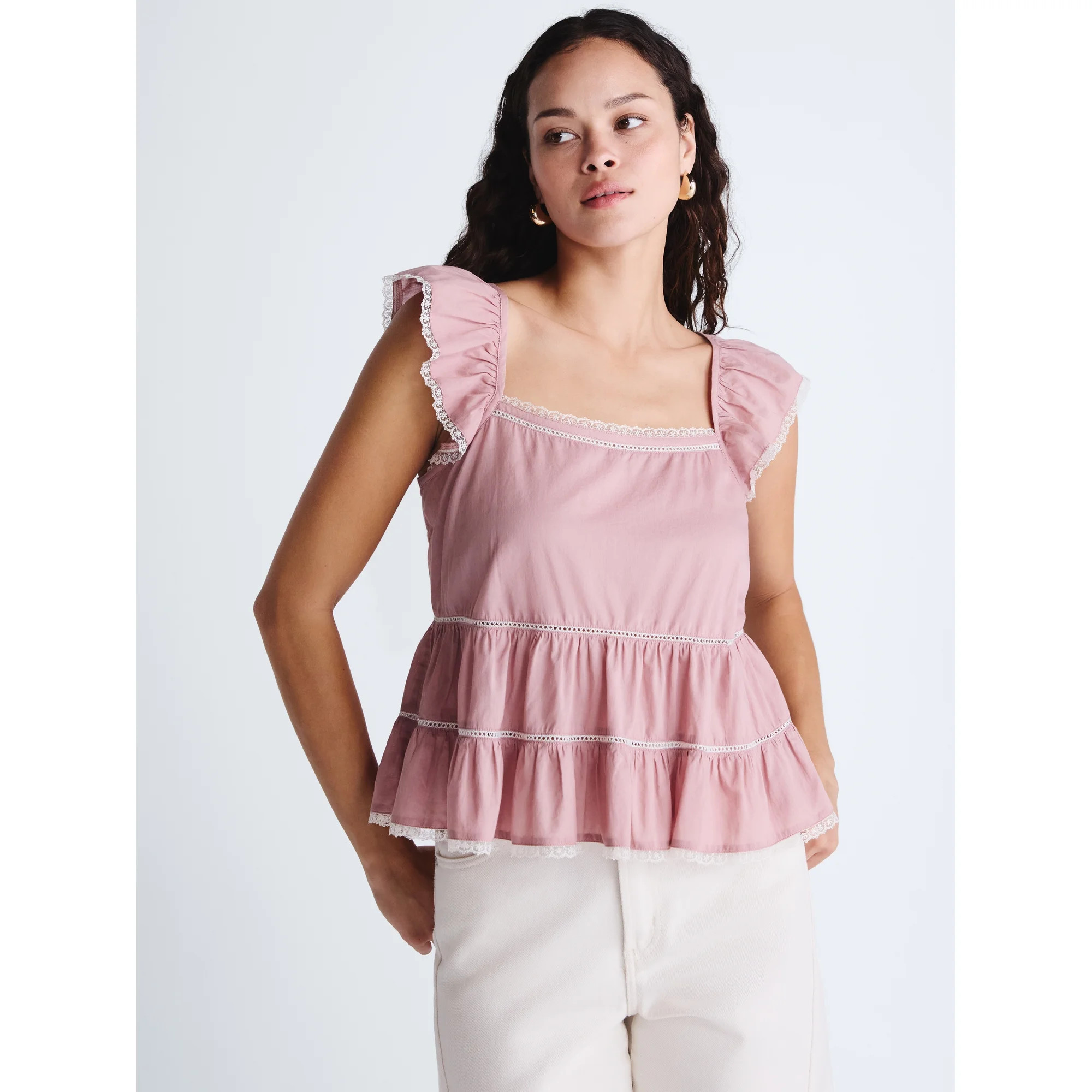Scoop Women’s Flowy Lace Cotton Top, Sizes XS-XXL | Walmart (US)