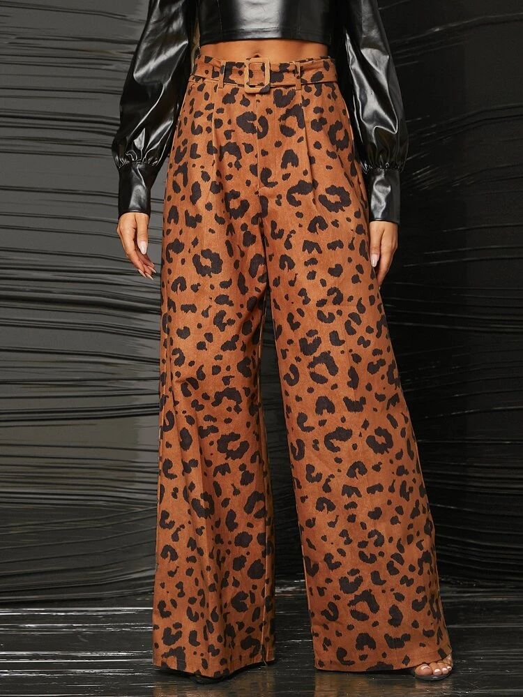 SHEIN Leopard Print Belted Corduroy Wide Leg Pants | SHEIN