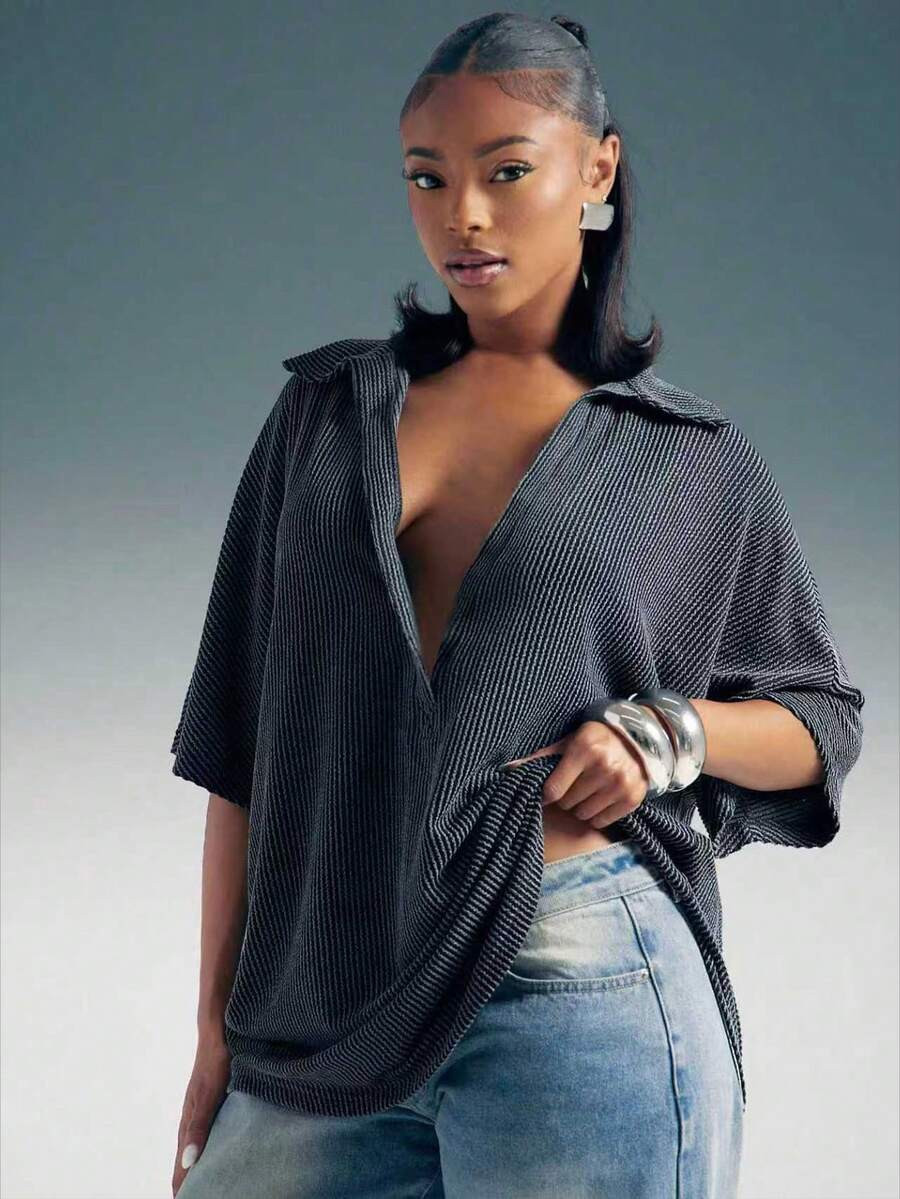 Denimoi Plunge Neck Collared Oversized Short Sleeve Tee | SHEIN