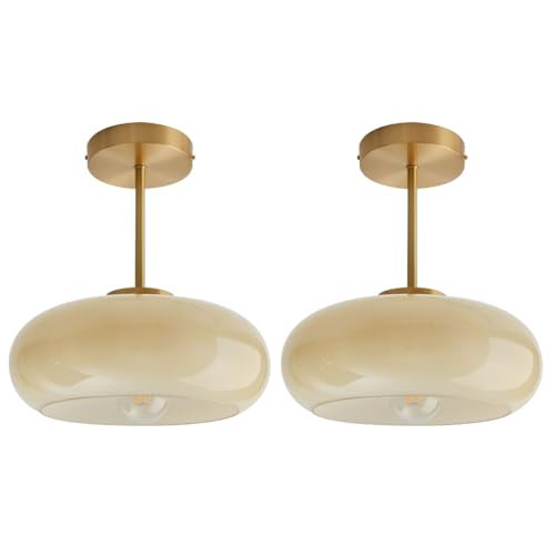 Qufute Mid Century Ceiling Light Fixtures Milk Glass Ceiling Lights Round Milk Yellow Shade Gold Brass Semi Flush Mount Ceiling Light Globe Glass Ceiling Lamp for Hallway Dining Room Kitchen | Amazon (US)