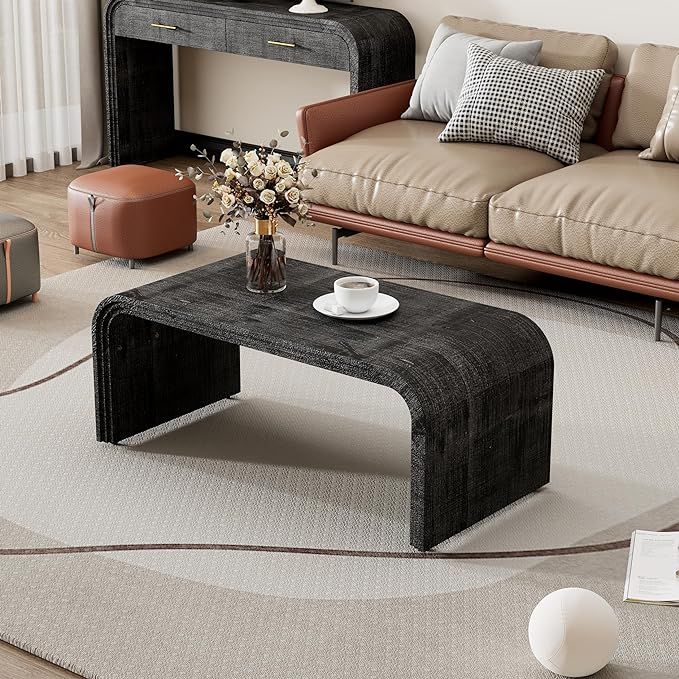 Coffee Table with Curved Art Deco Design, Minimalist Wood Rectangle Center Table, Black Cocktail ... | Amazon (US)