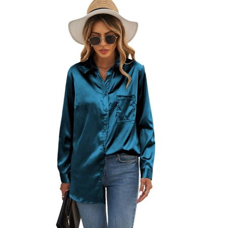 Women Green Satin Button Shirt with Pocket | Walmart (US)