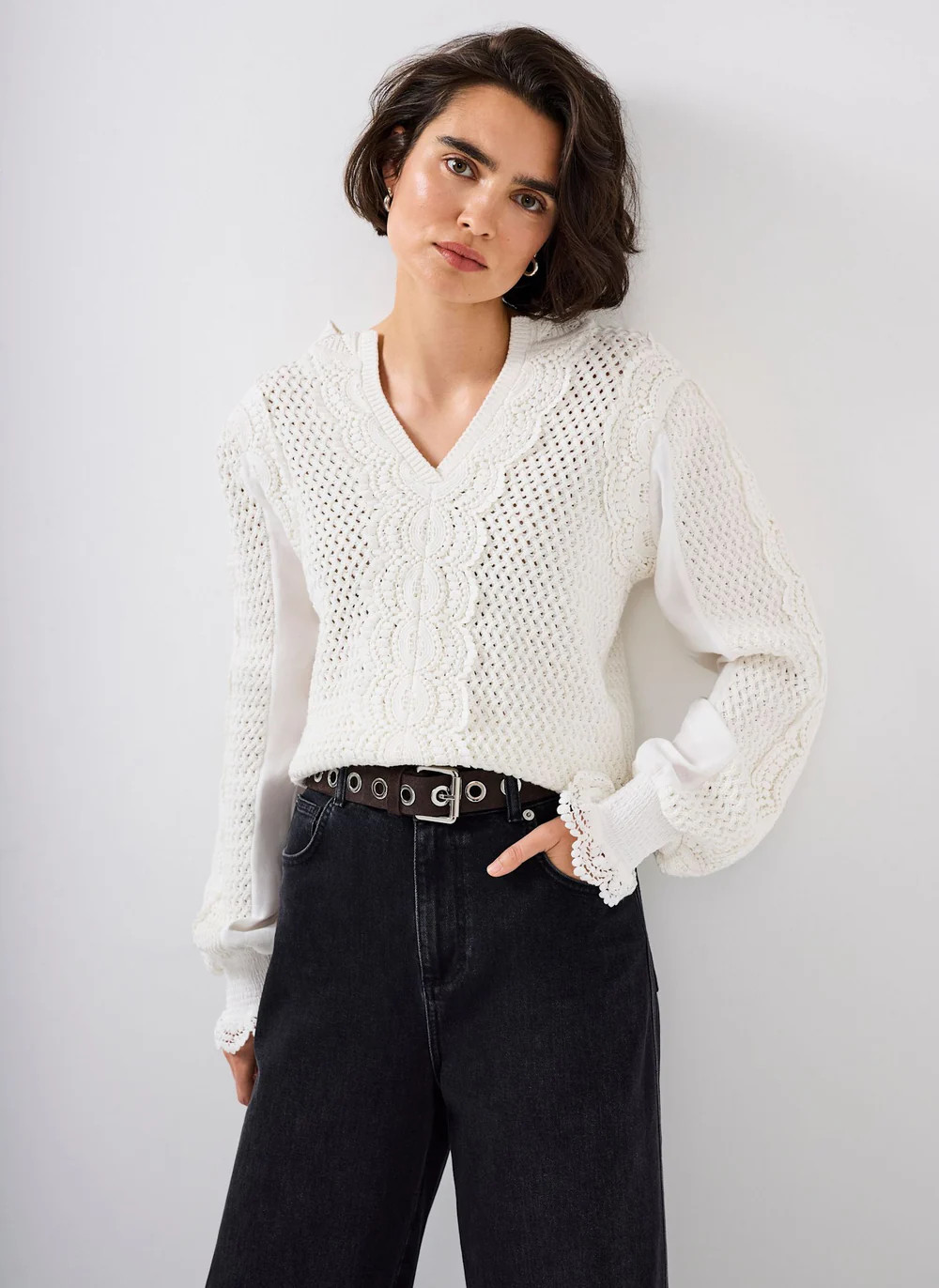 White Cotton Blend Crochet Detail Jumper | Mint Velvet