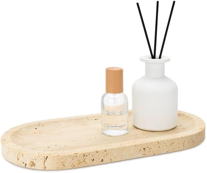 Natural Marble Tray 12"x6", Women Perfume Vanity Travertine Tray for Bathroom, Candle, Jewelry St... | Amazon (US)