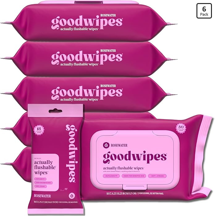 goodwipes Flushable Butt Wipes, 318 Count (6 Packs + 1 Travel) - Vitamin E & Aloe - Sewer & Septi... | Amazon (US)