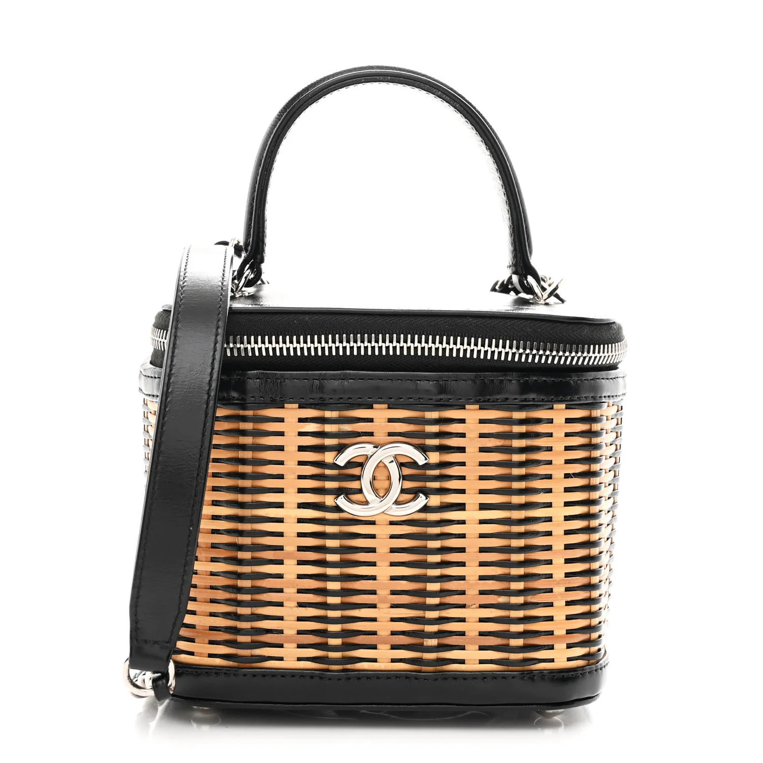 Calfskin Raffia Small Vanity Case Bag Black Beige | FASHIONPHILE (US)