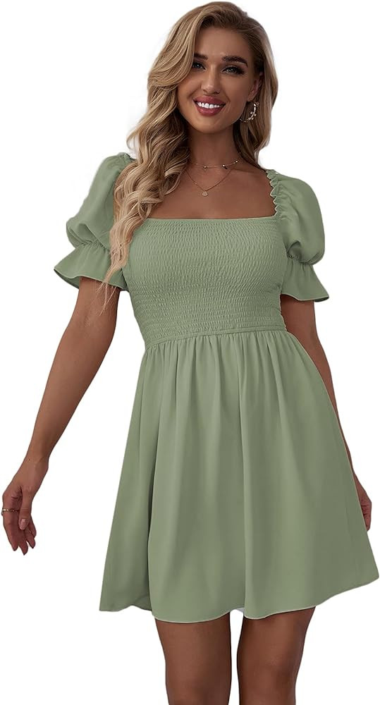 WDIRARA Women's Square Neck Flounce Short Sleeve Shirred Ruffle Hem Dress | Amazon (US)