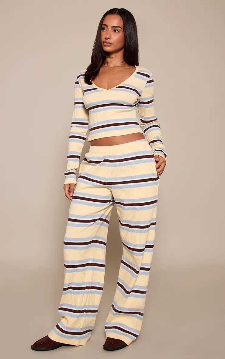 Cream Stripe Ribbed Straight Leg Trousers Co-ord | PrettyLittleThing USA | PrettyLittleThing US
