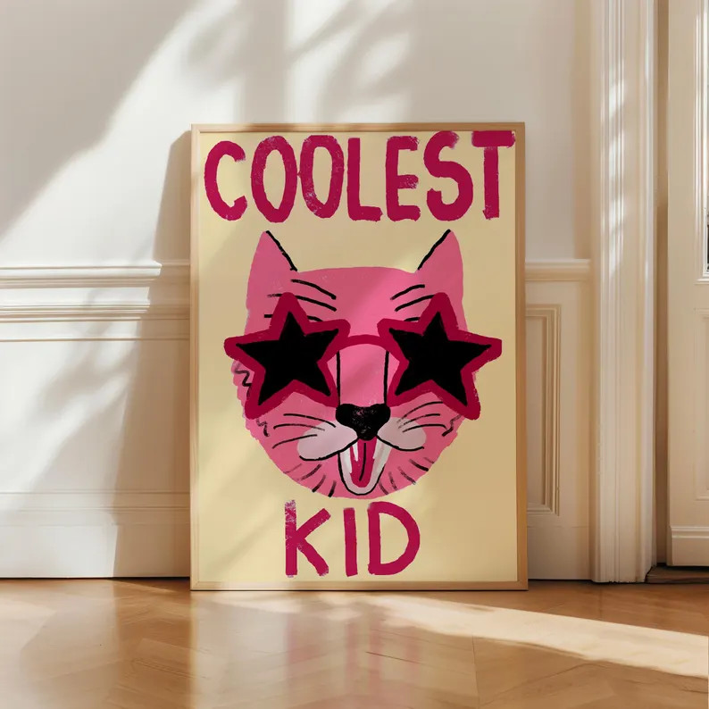 Coolest Kid Wall Art, Pink Cat Poster for Kids Room Decor, Playful Nursery Print, Fun Animal Artw... | Etsy (US)