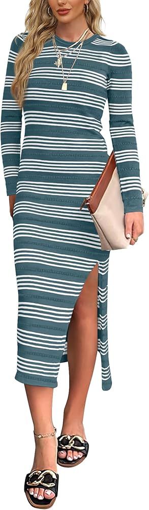 WIHOLL Women's Long Sleeve Midi Dress Slim Fit Striped Knit Side Slit Bodycon Fall Sweater Dresse... | Amazon (US)