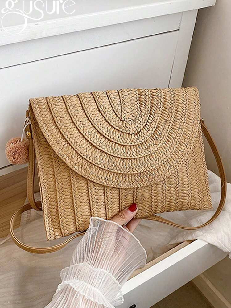 Summer Ladies Clutchbags Straw Woven Wallet Casual Portable Handmade Simple Elegant With Hairball Hanging, Eye-Catching Beach Bag Summer, Summer Straw Beach Bag For Women, Hottest Beach Bags For Women | SHEIN