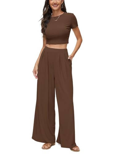 AUBG Two Piece Sets for Women Summer Outfits Matching Lounge Set Pajamas T-shirts with Long Wide Leg Pants Woman Brown Large | Amazon (US)