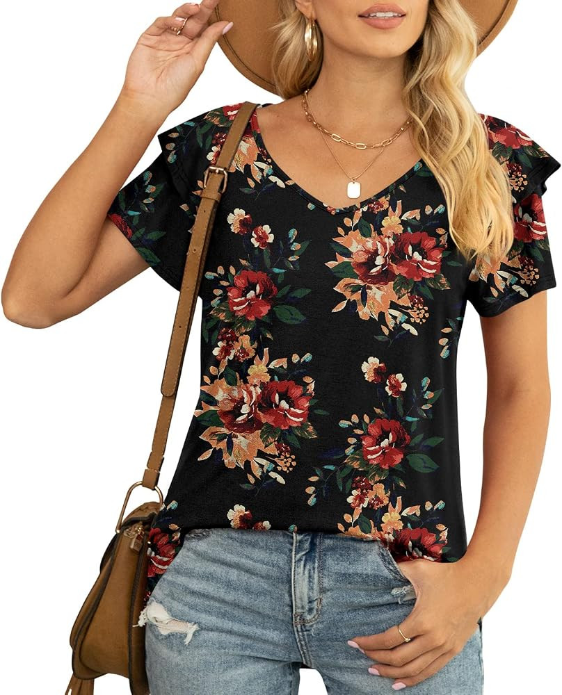 YVH Women's Summer Casual T-Shirts V Neck Ruffle Short Sleeve Tops Loose Blouses | Amazon (US)