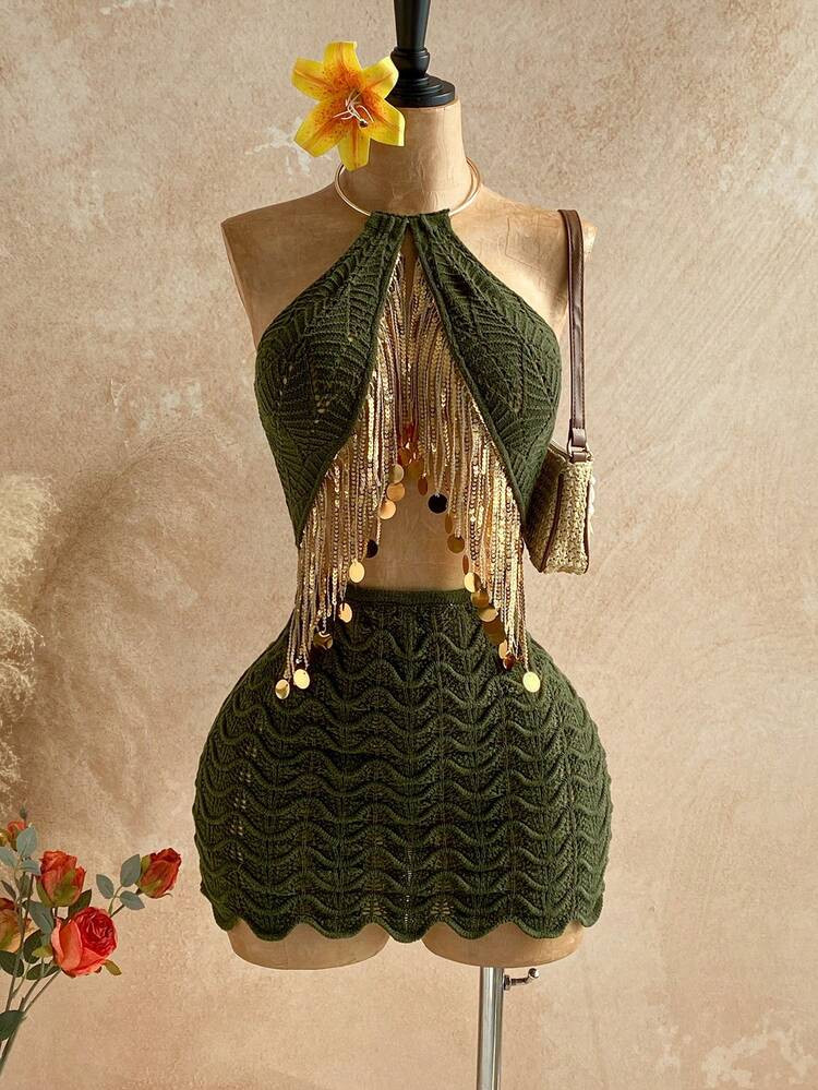 Soleia Women's Vacation Beach Sequin Tassel Decor Backless Halter Mini Knit Dress, Summer Holiday Outfits , Beach Vacation Outfits For Women, Casual Outfit For Women | SHEIN