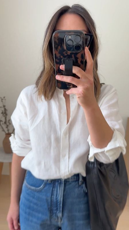 Everlane Way High jeans in mid indigo. Obsessed with these!!! I sized up and cut the hems. So comfy and flattering. On sale!

Everlane linen shirt 2 (old). Linked new version. 
Everlane jeans 25. Cut hems. 
Everlane flats 5 
Anine Bing bag 

Jeans, spring outfits, summer outfits 

#LTKShoeCrush #LTKItBag