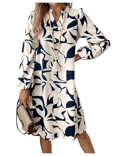 SweatyRocks Women's Geometric Pattern Printed V Neck Dress Collar Lantern Long Sleeve Casual Dresses Multicolor Small | Amazon (US)