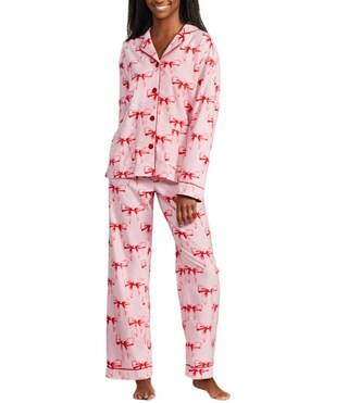 PJ Salvage Bow Print "Hello Beautiful" Embroidered Long Sleeve Notch Collar Flannel Pajama & Head... | Dillard's
