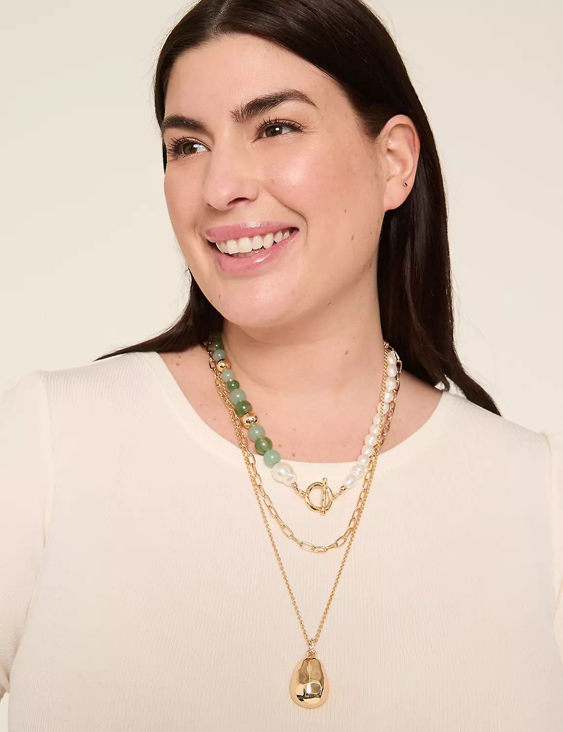 Green & Pearlized Multi-Row Pendant Necklace | Lane Bryant (US)