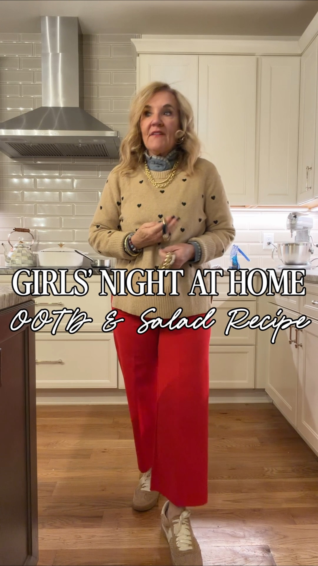 Sweater size medium 
Colette knit pants size 29 petite I linked my red velvet straight leg pants on major deal too 
Linking a few similar ruffle, neck, blouses that would work great under sweaters and on their own
Winter outfit, valentine outfit Galentines day khaki sweat sweater Hartt sweat sweater red pants

Salad recipe 
Spring mix
Diced apples 
Parmesan shavings 
Spiced sugared pecans 
Sherry vinaigrette 
1/4 cup sherry vinegar
1/4 cup olive oil 
1 tsp Dijon mustard 
Salt & pepper 

Jewelry 20% off code NANETTE20

#LTKPetite #LTKOver40 #LTKSaleAlert