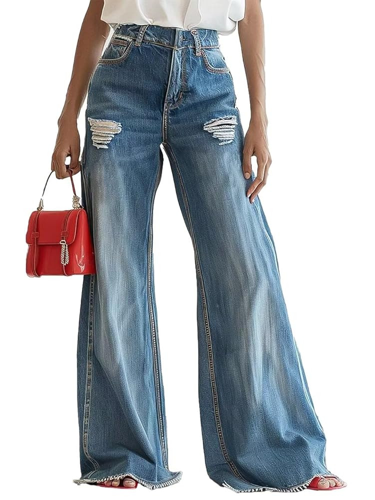 Flamingals High Waisted Wide Leg Jeans for Women Trendy Ripped Distressed Raw Hem Flare Baggy Jea... | Amazon (US)