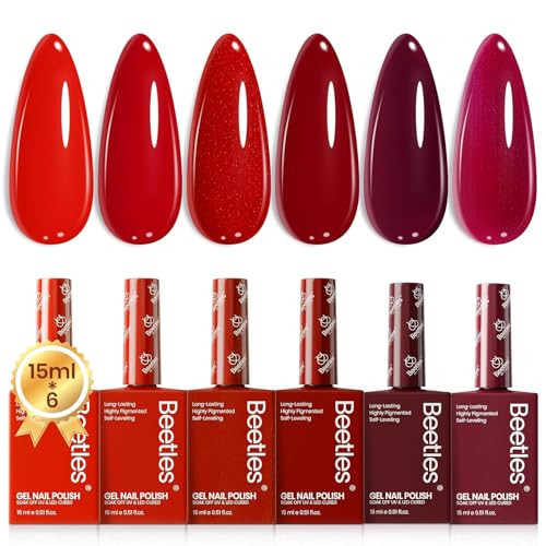 Beetles Red Gel Nail Polish Set-15ML 6 Colors Shimmer Bloody Red Burgundy Gel Polish Kit Soak Off UV Full Size Nail Art Salon Design DIY Chirstmas Gift for Women Colorful Bottle | Amazon (US)