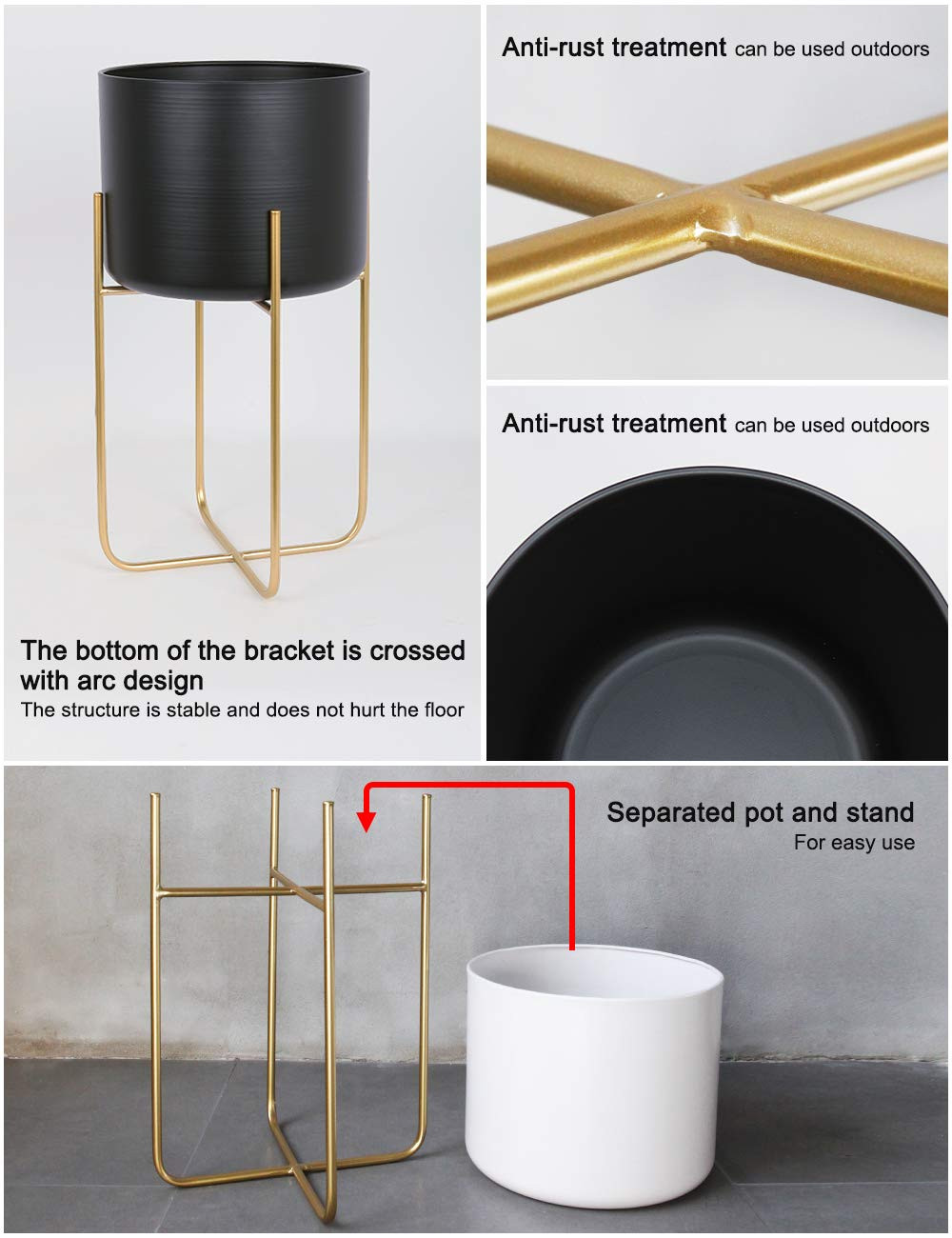 Sinolodo Floor Standing Planters with Metal Stand Pack of 3, White Plant Pot with Gold Metal Stan... | Amazon (US)
