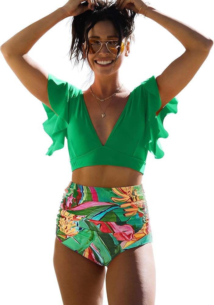 SPORLIKE Women Ruffle High Waist Swimsuit Two Pieces Push Up Tropical Print Bikini | Amazon (US)