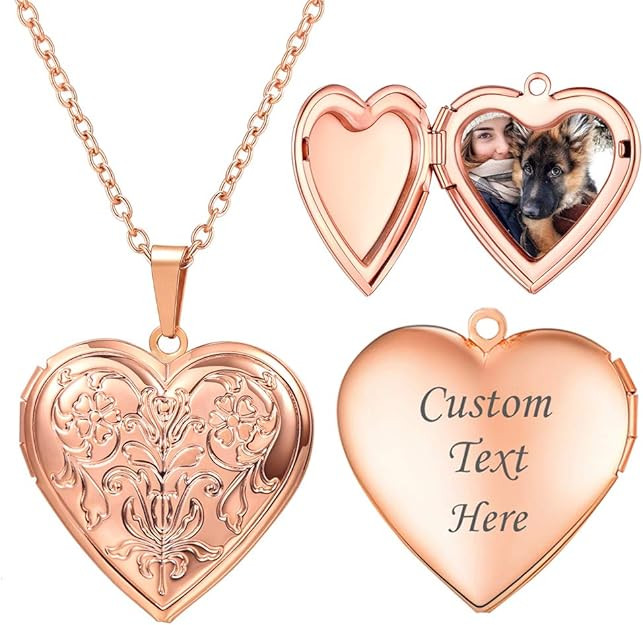 U7 Locket Necklace for Women, Silver/Gold/Rose Gold Custom Photo Text Necklaces, Flower Heart/Rou... | Amazon (US)