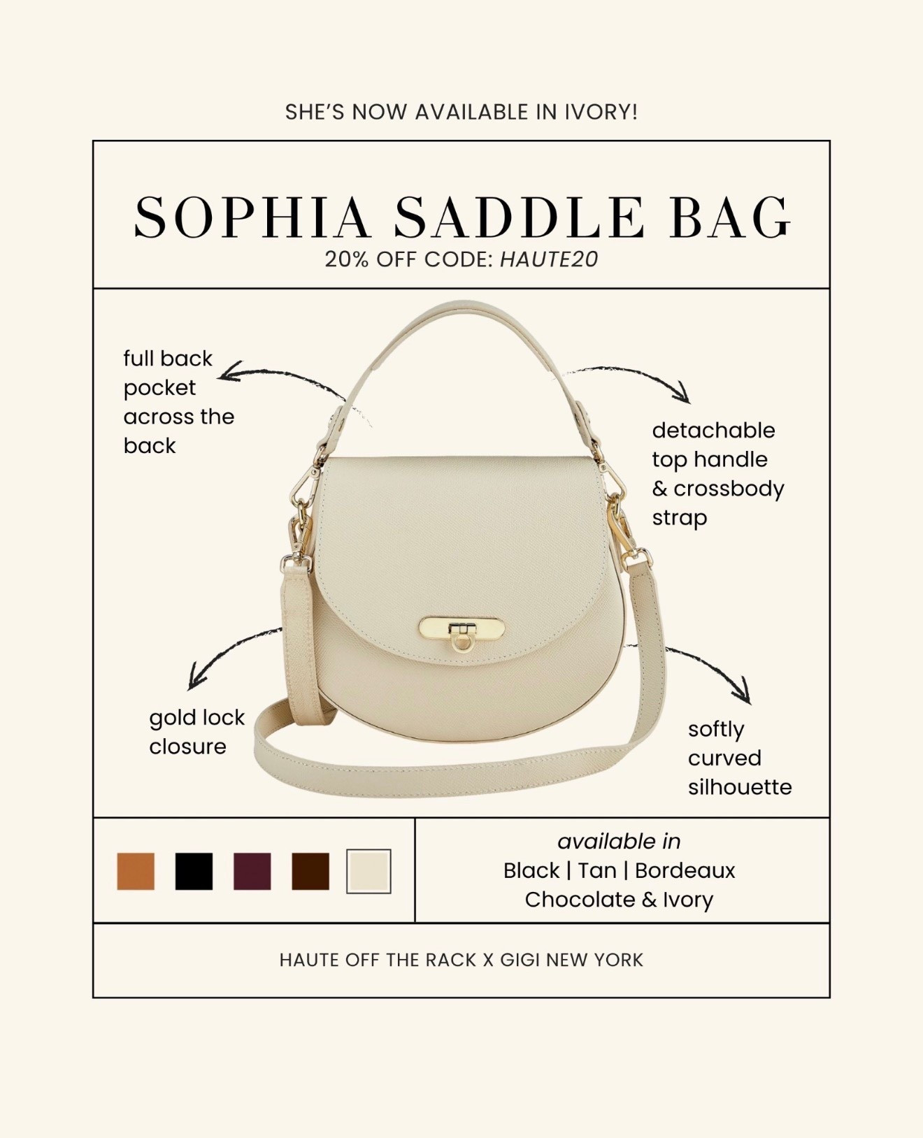 The Sophia bag available in ivory and so perfect for spring and summer!
Take 20% OFF with code: HAUTE20

#giginewyork #ivoryhandbag #whitehandbag #bridehandbag #salealert #mothersdaygifts

#LTKSaleAlert #LTKMothersDay #LTKSeasonal