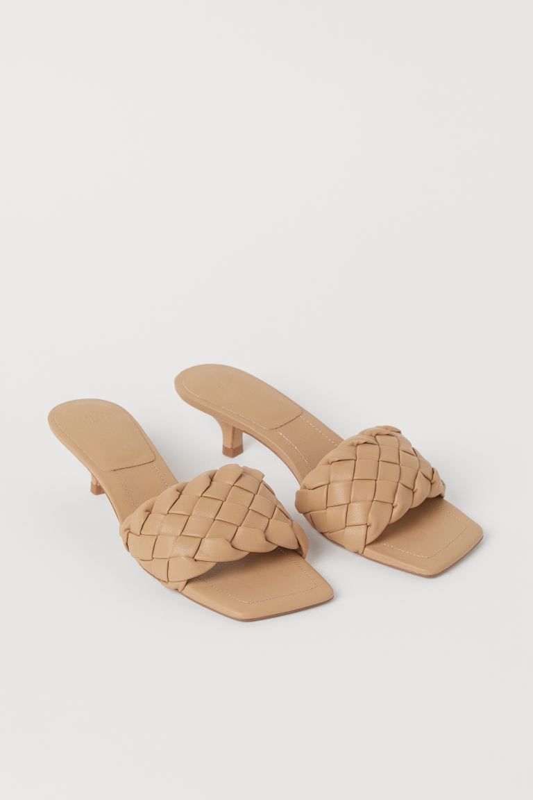 Mules in faux leather. Square, open toes, wide, braided foot strap, and covered kitten heels. Fau... | H&M (US)