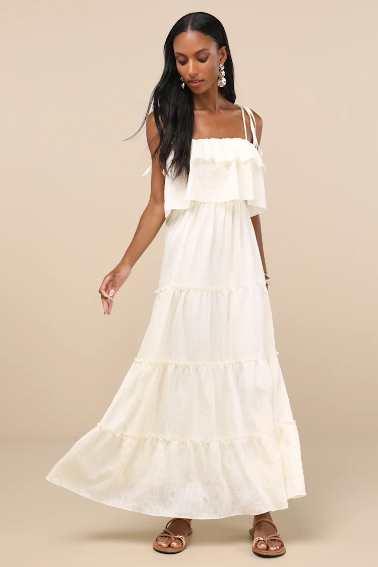 Inaya Ivory Textured Tie-Strap Tiered Maxi Dress | Lulus