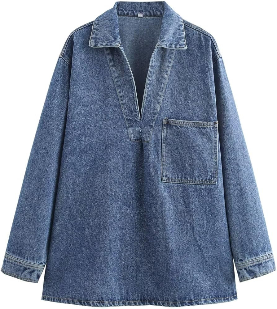 Minimalist Denim Shirt Blouse Women Boyfriend Loose Polo Collar Pullover Tops Long Sleeve Shirt | Amazon (US)