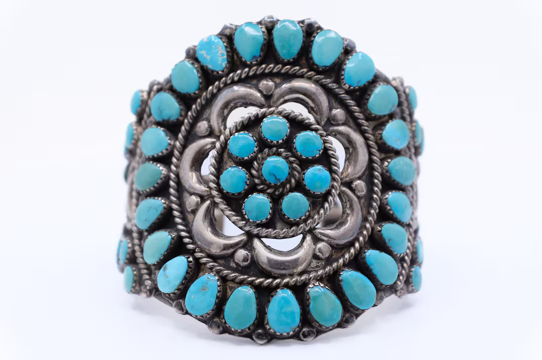 Sterling Silver Turquoise Petit Point Cluster Cuff Bracelet | Etsy (US)