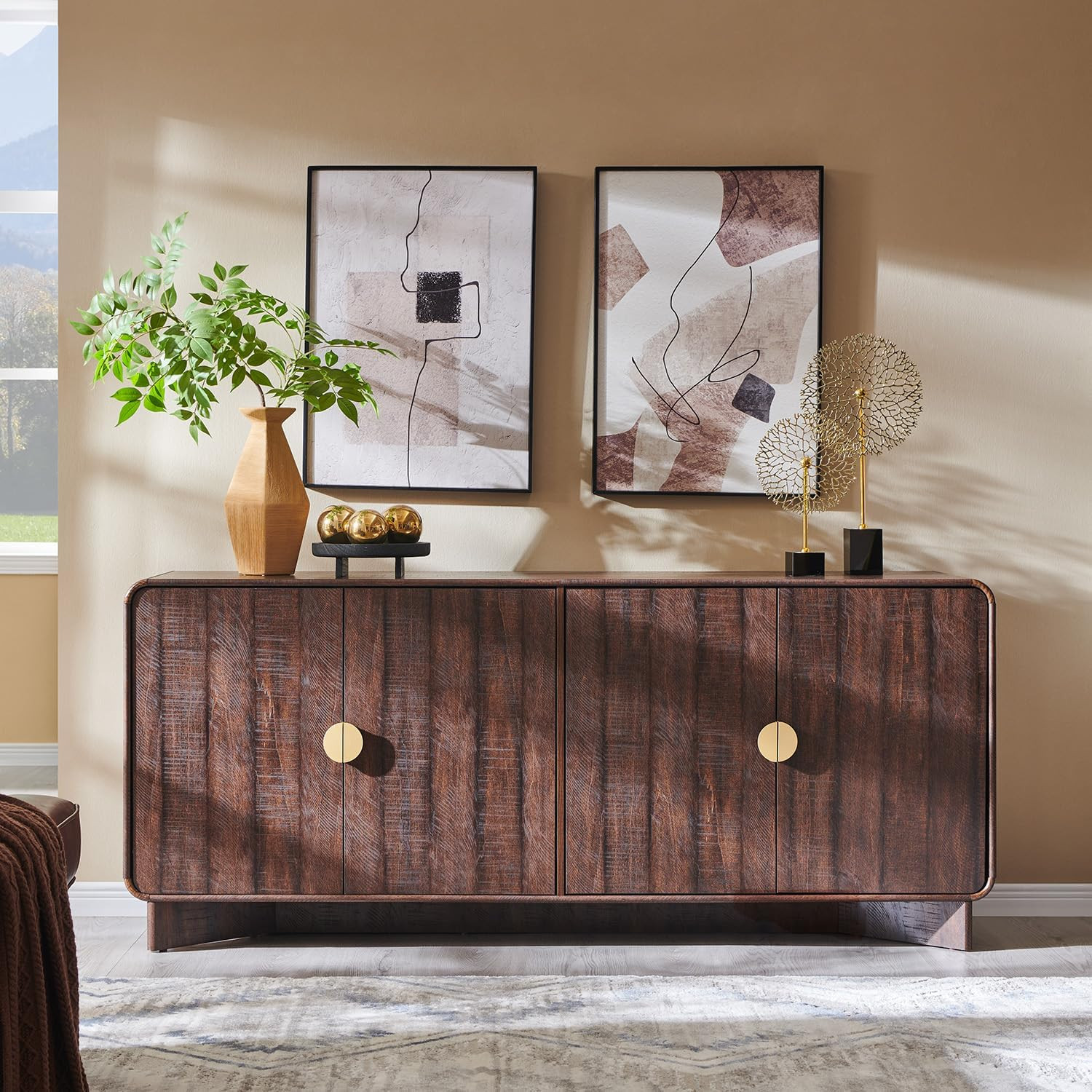 IFGET 70" Modern TV Stand with Storage, Wood Curved TV Console, Dark Walnut | 30" Tall Entertainm... | Amazon (US)