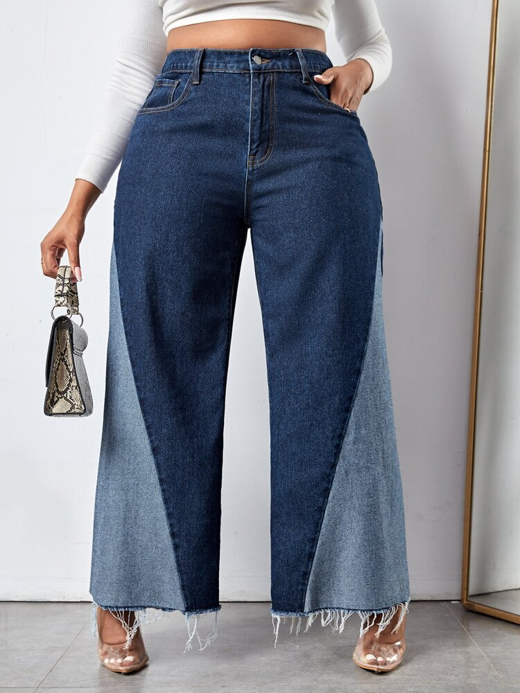 Plus High Waist Colorblock Raw Trim Wide Leg Jeans | SHEIN