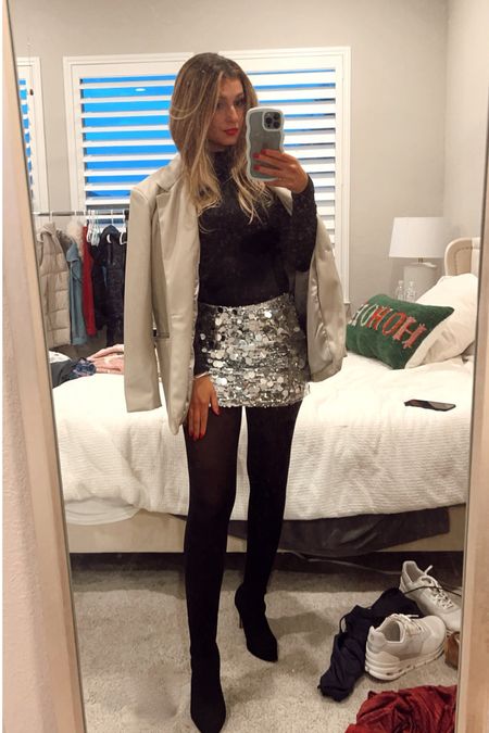 Holiday party look ❤️✨ 
New Years Eve party outfit 
New Years Eve look 
Silver sequin skirt
Metallic skirt 
Black fitted turtleneck 
Leather blazer (size M)

#LTKSeasonal #LTKstyletip #LTKHoliday