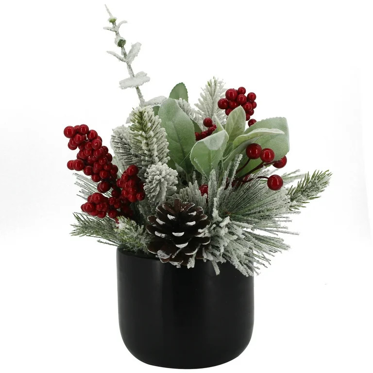Holiday Time 12” Christmas Artificial Floral Arrangement in Black Ceramic Vase, Green - Walmart... | Walmart (US)