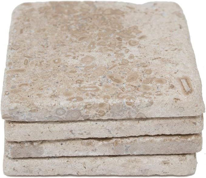 Beige 4'' X 4'' Travertine with Fossil Coasters Stone"drink" Spills Coasters Tumbled Stone Set of... | Amazon (US)