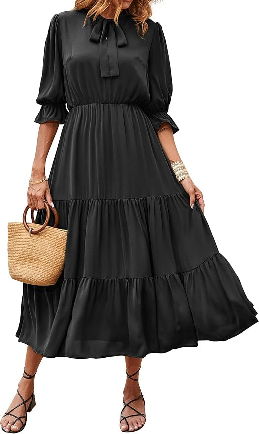 BTFBM Women Casual Short Sleeve Crew Neck Midi Dress Solid Color Tie Neck Loose Summer Dresses Bo... | Amazon (US)