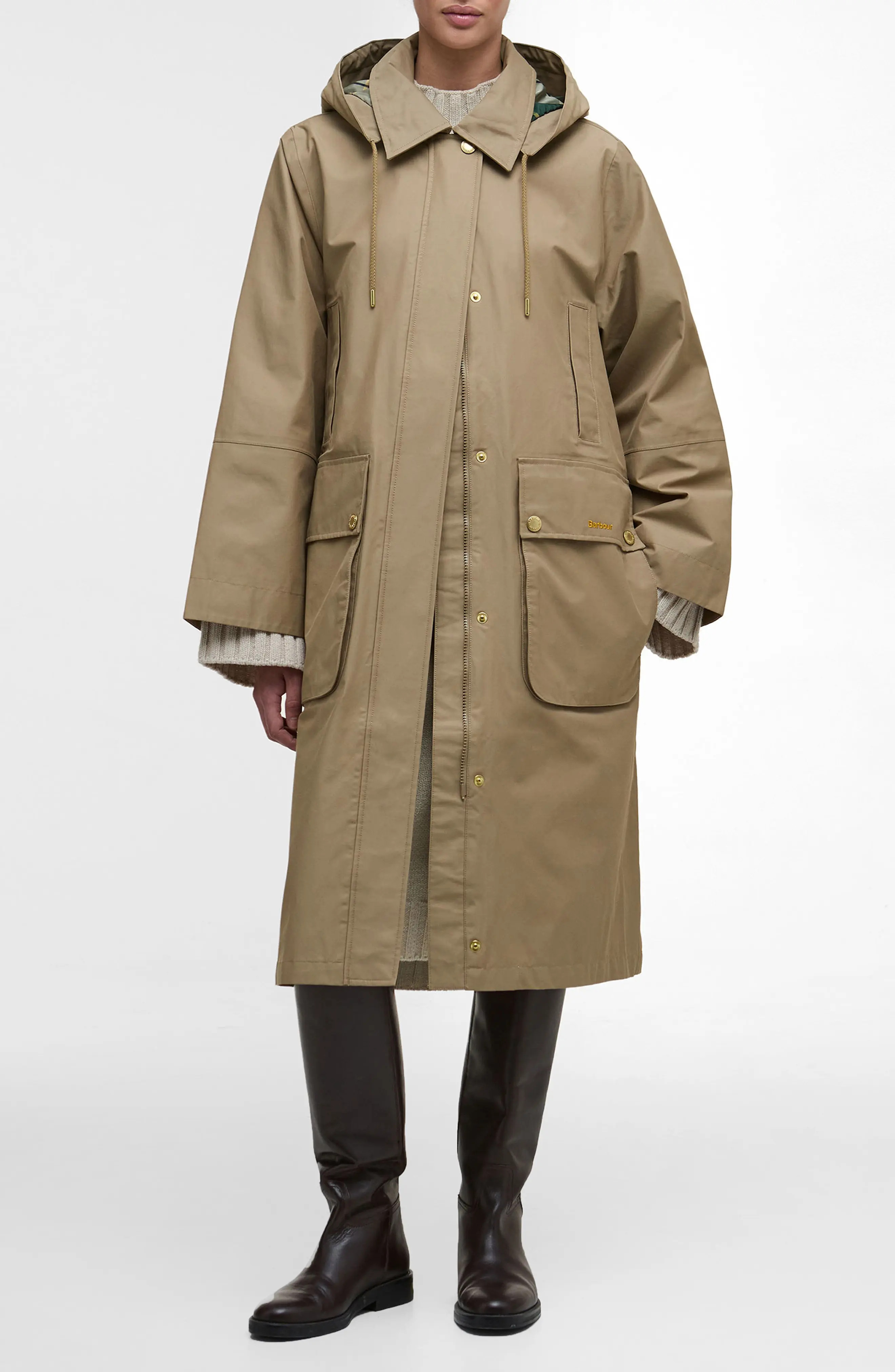 Barbour Maude Waterproof Jacket with Removable Hood in Military Brown/ancient Tartan at Nordstrom, Size 10 | Nordstrom