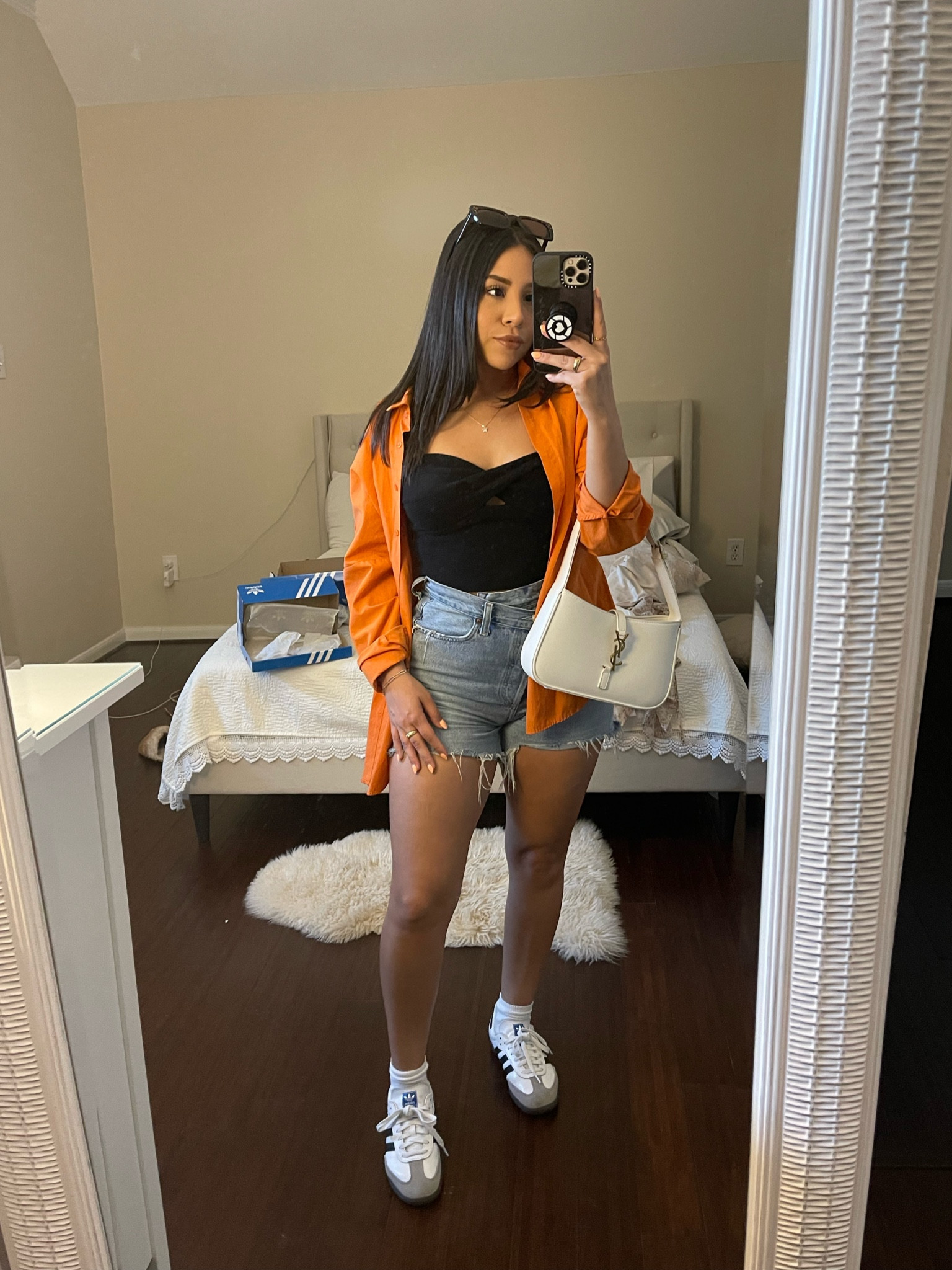 Houston dynamo game outfit idea 
Black tube top: small
Agolde denim shorts: 25 
Orange button up: small
Adidas samba sneakers: 4.5 men 
Gold accessories 
White ysl inspired shoulder bag 
Amazon jewelry 
Tortoise sunglasses 

#LTKSeasonal #LTKshoecrush #LTKunder100