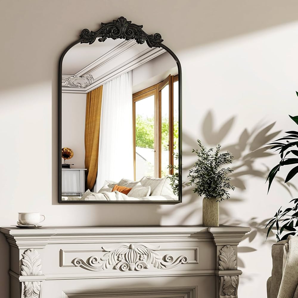 30"x 20" Arched Bathroom Mirror, Wall-Mounted Mirror with Carved Metal Frame & Art Carved, Vanity... | Amazon (US)