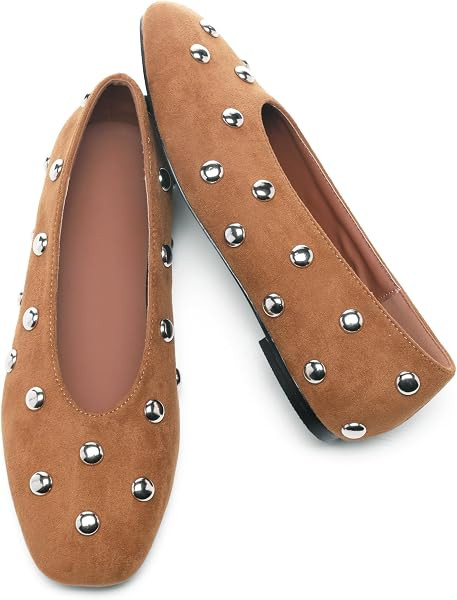 Studded Flats for Women Square Toe Slip on Suede Ballet Flats | Amazon (US)