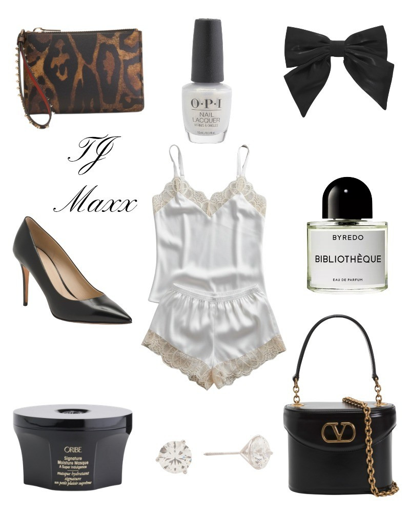 Luxury items on sale at tj maxx, silk pajamas, Christian Louboutin leopard pouch, hair bow, black heels, byredo perfume, Valentino purse, black leather, opi nail polish, white, iribe hair mask.

#LTKmorningroutine #LTKSaleAlert #LTKBeauty