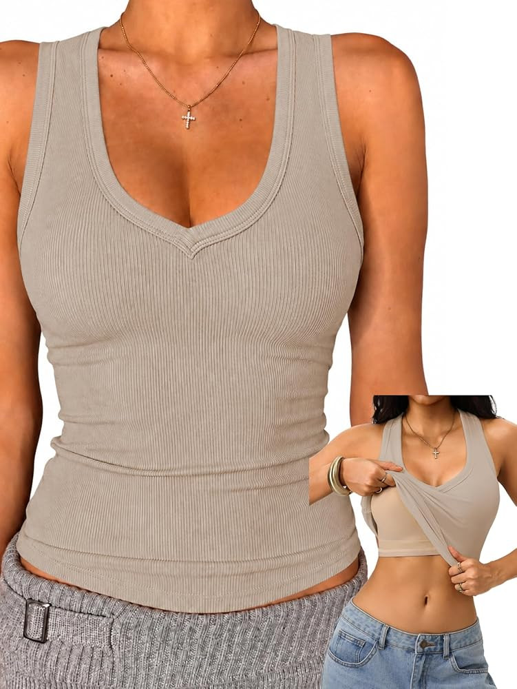Danysu Built in Bra Tank Tops for Women Racerback Ribbed Sleeveless Shirts | Amazon (US)