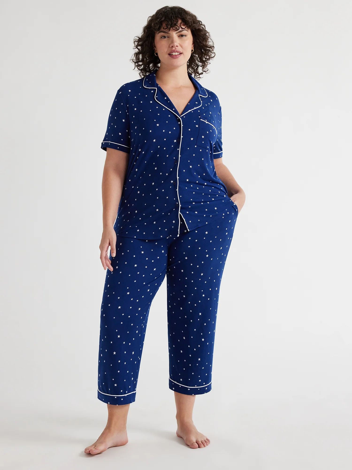 Joyspun Women's Knit Short Sleeve Notch Collar Top and Capri Pajama Set, 2-Piece, Sizes S to 3X -... | Walmart (US)